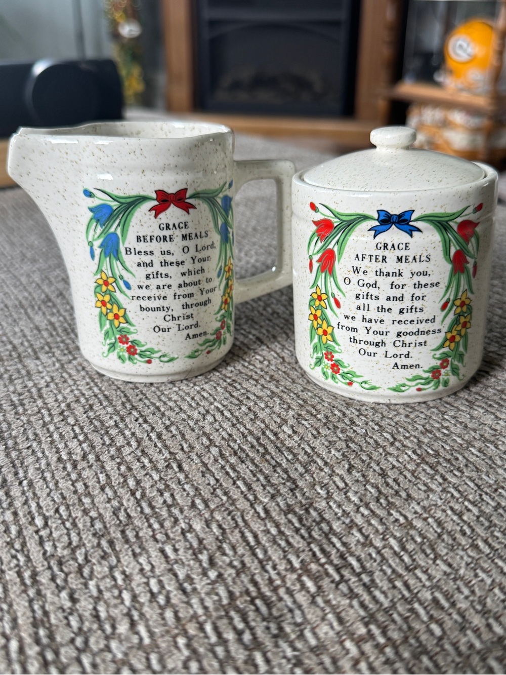 Vintage Ceramic Cream and Sugar Set with Prayer Design Sanmyro Japan